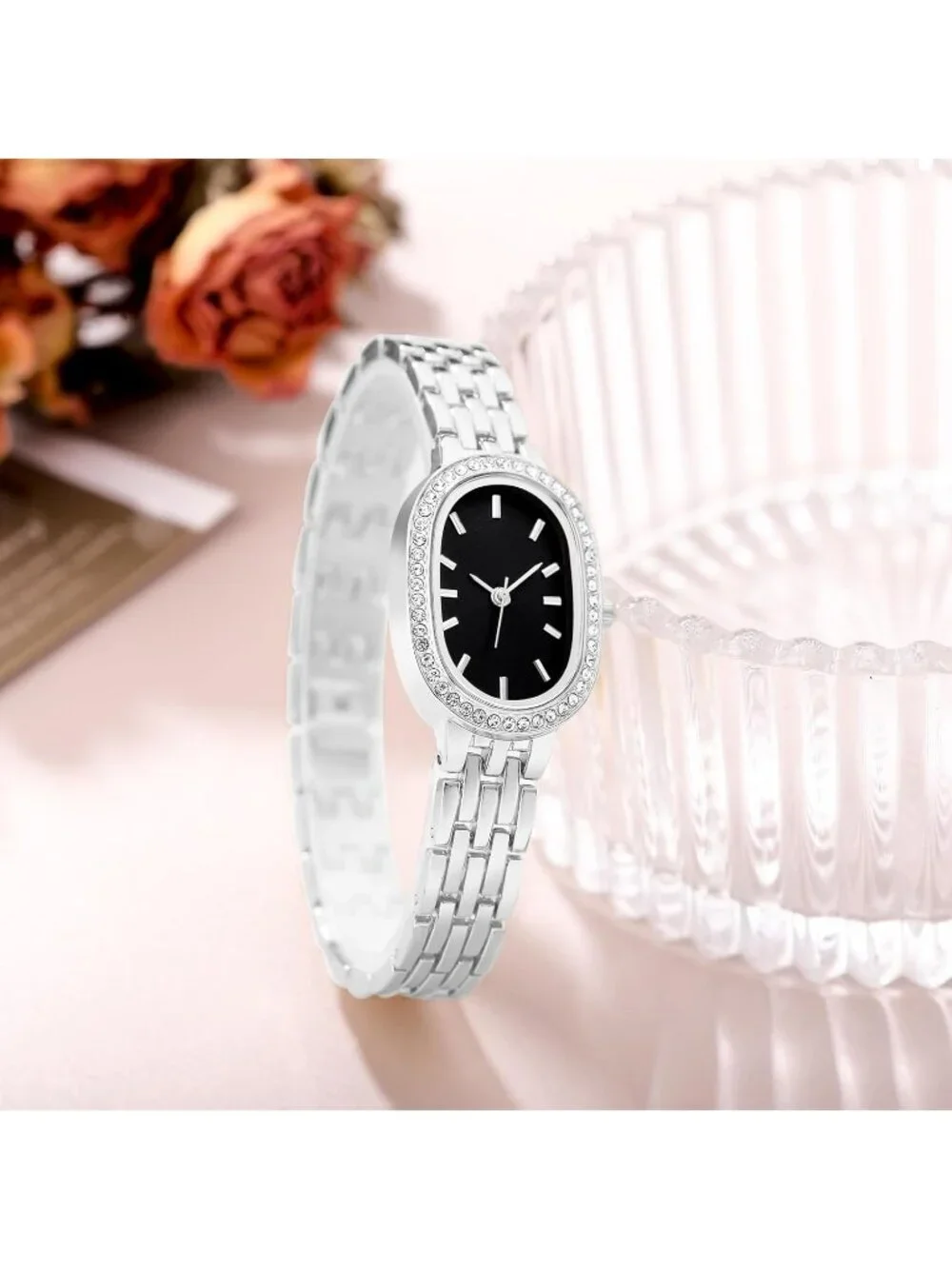 Women Silver And Black Quartz Bracelet Solid Reloj Para Mujer Small Dainty Watch